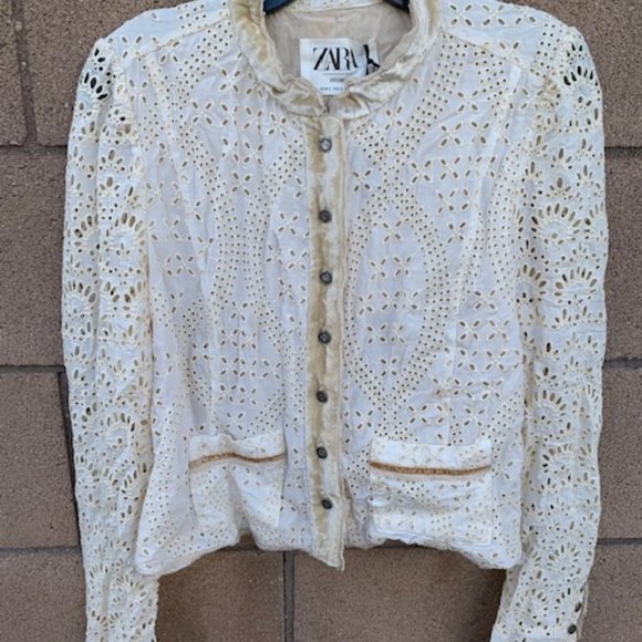 ZARA STUDIO LIMITED EDITION ECRU CUTWORK VELVET CONTRAST JACKET - Size Large - Picture 6 of 6